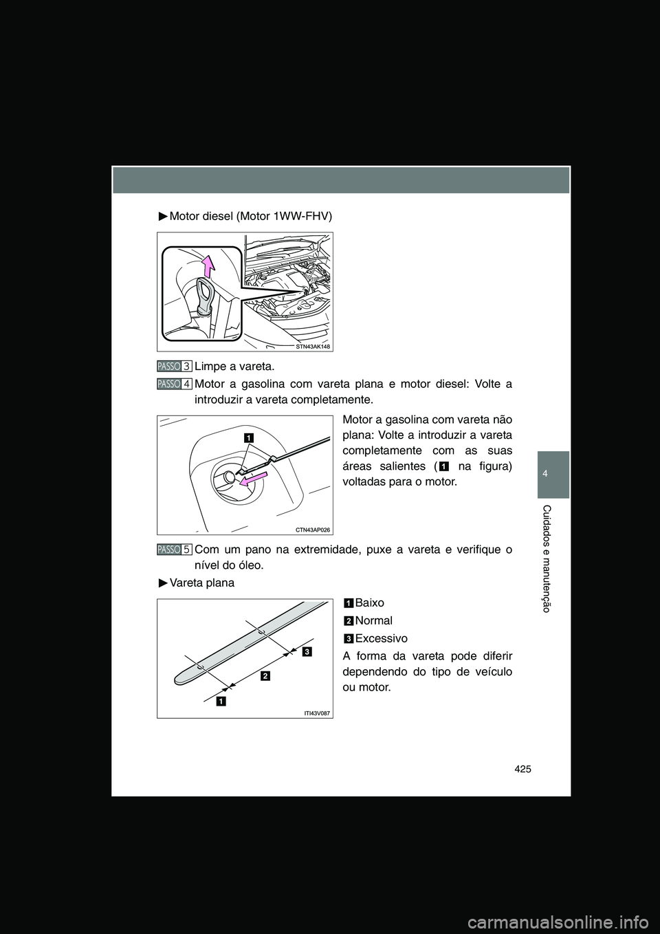 TOYOTA VERSO 2015  Manual de utilização (in Portuguese) 425
4
Cuidados e manutenção
Motor diesel (Motor 1WW-FHV)
Limpe a vareta.
Motor a gasolina com vareta plana e motor diesel: Volte a
introduzir a vareta completamente.
Motor a gasolina com vareta não