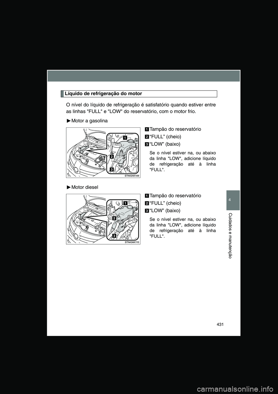 TOYOTA VERSO 2015  Manual de utilização (in Portuguese) 431
4
Cuidados e manutenção
Líquido de refrigeração do motor
O nível do líquido de refrigeração é satisfatório quando estiver entre
as linhas "FULL" e "LOW" do reservatório, com o motor fr