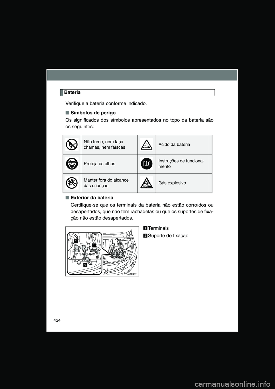 TOYOTA VERSO 2015  Manual de utilização (in Portuguese) 434
Bateria
Verifique a bateria conforme indicado.
■■■■Símbolos de perigo
Os significados dos símbolos apresentados no topo da bateria são
os seguintes:
■■■■Exterior da bateria
Cert