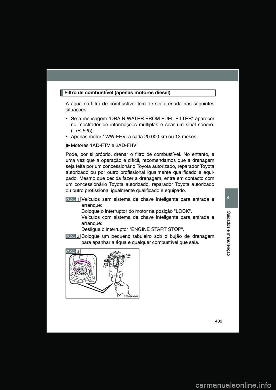 TOYOTA VERSO 2015  Manual de utilização (in Portuguese) 439
4
Cuidados e manutenção
Filtro de combustível (apenas motores diesel)
A água no filtro de combustível tem de ser drenada nas seguintes
situações:
 Se a mensagem "DRAIN WATER FROM FUEL FILT