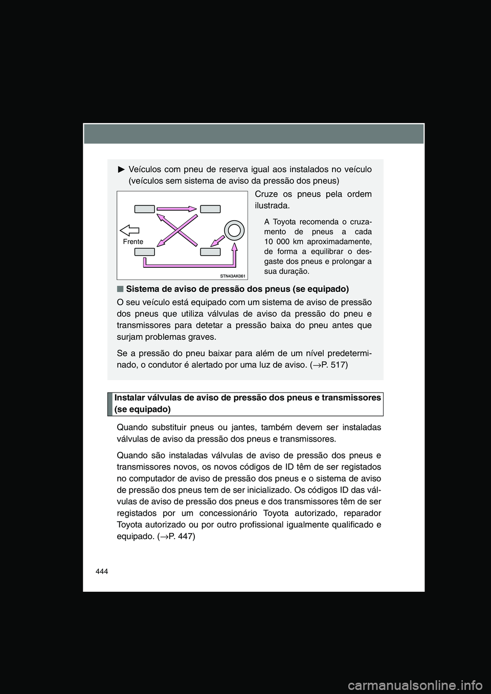 TOYOTA VERSO 2015  Manual de utilização (in Portuguese) 444
Instalar válvulas de aviso de pressão dos pneus e transmissores
(se equipado)
Quando substituir pneus ou jantes, também devem ser instaladas
válvulas de aviso da pressão dos pneus e transmiss