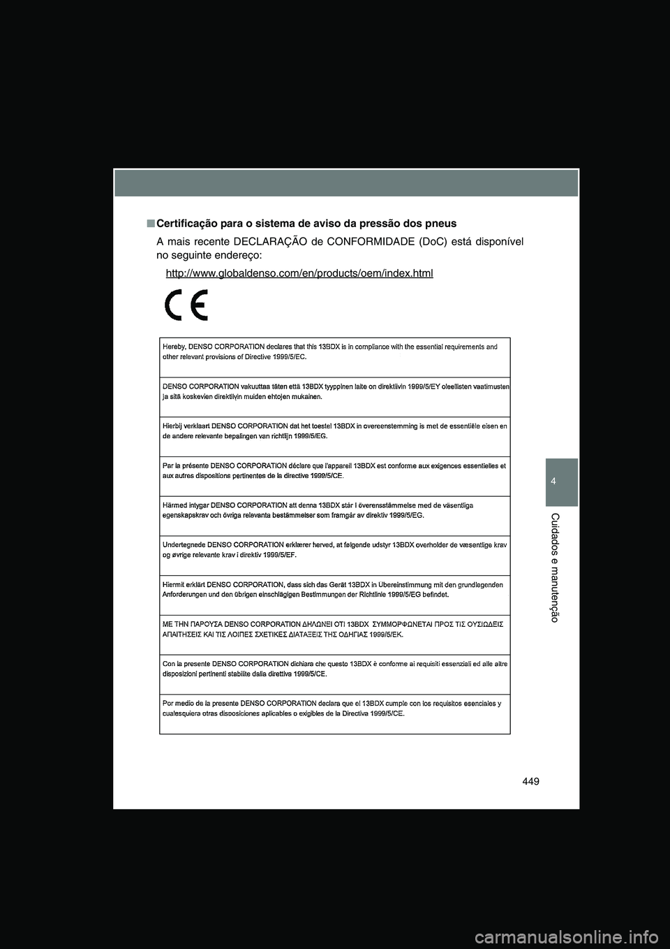 TOYOTA VERSO 2015  Manual de utilização (in Portuguese) 449
4
Cuidados e manutenção
■■■■Certificação para o sistema de aviso da pressão dos pneus
A mais recente DECLARAÇÃO de CONFORMIDADE (DoC) está disponível
no seguinte endereço:
http:/