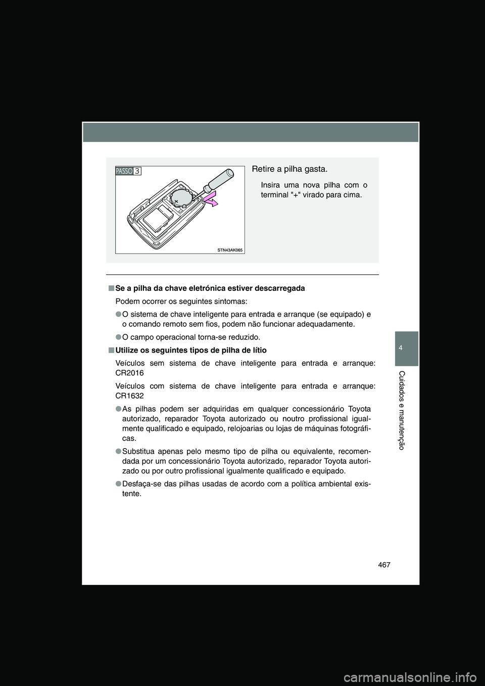 TOYOTA VERSO 2015  Manual de utilização (in Portuguese) 467
4
Cuidados e manutenção
■■■■Se a pilha da chave eletrónica estiver descarregada
Podem ocorrer os seguintes sintomas:
●O sistema de chave inteligente para entrada e arranque (se equipa