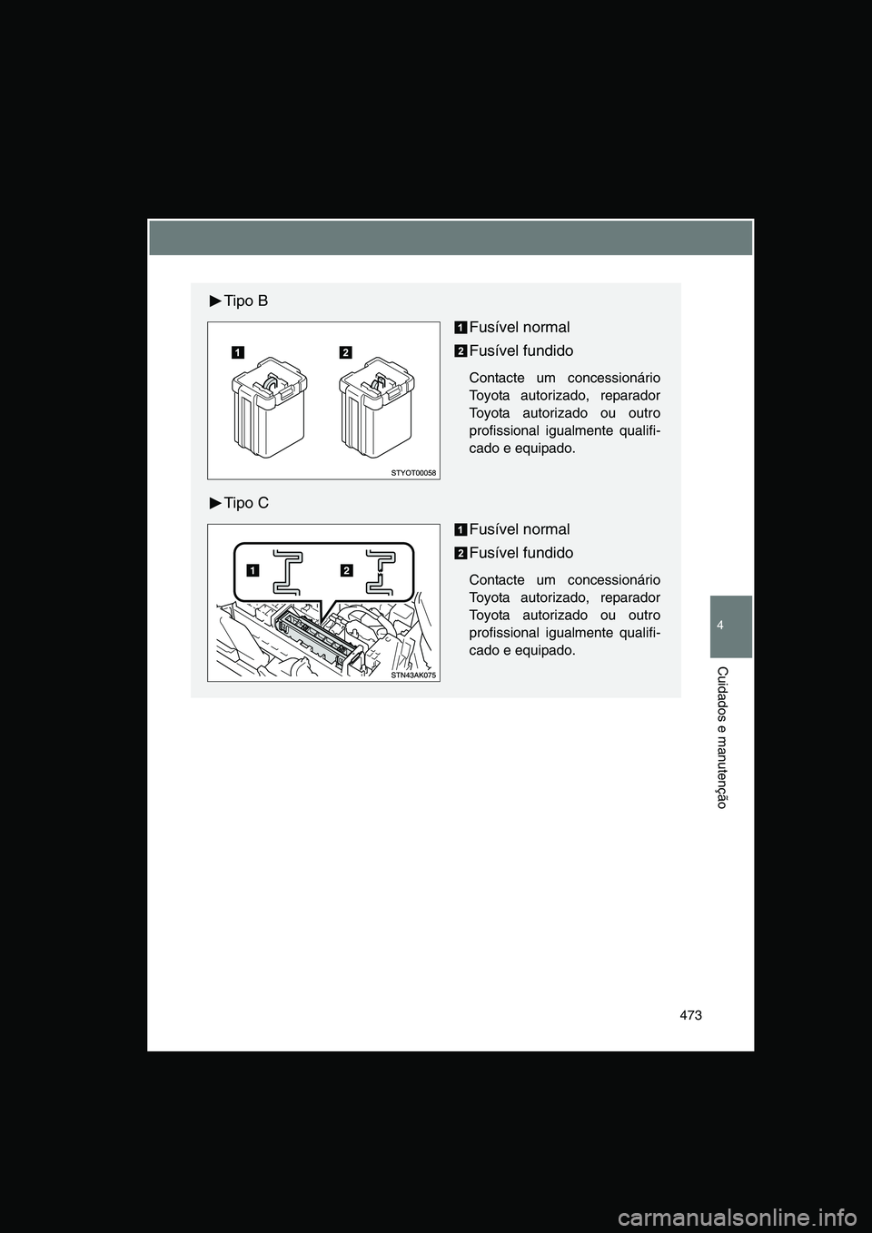 TOYOTA VERSO 2015  Manual de utilização (in Portuguese) 473
4
Cuidados e manutenção
Tipo B
Fusível normal
Fusível fundido
Contacte um concessionário
Toyota autorizado, reparador
Toyota autorizado ou outro
profissional igualmente qualifi-
cado e equipa