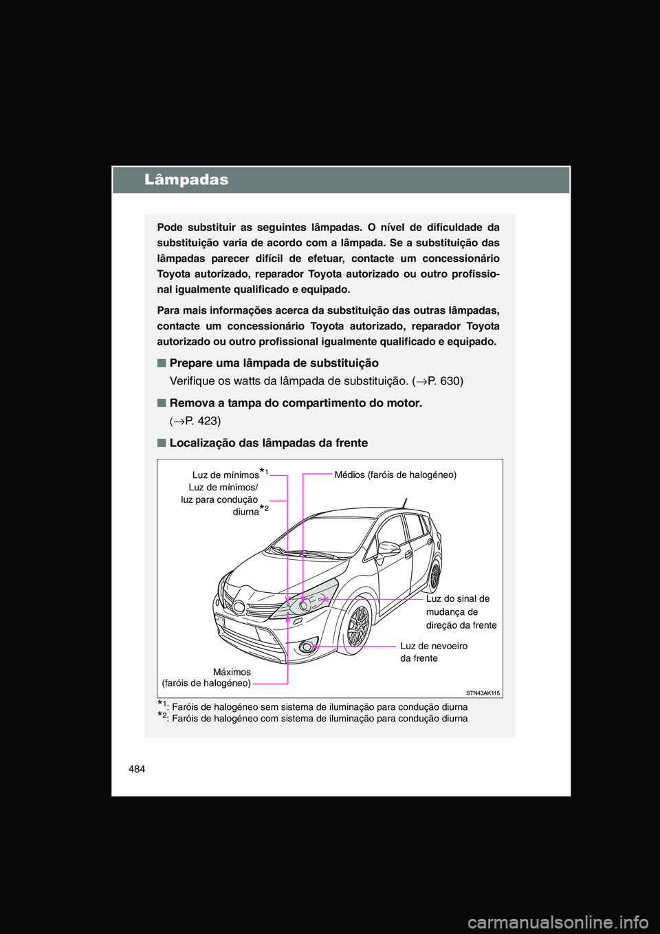 TOYOTA VERSO 2015 Manual de utilização (in Portuguese) 484
Lâmpadas
Pode substituir as seguintes lâmpadas. O nível de dificuldade da
substituição varia de acordo com a lâmpada. Se a substituição das
lâmpadas parecer difícil de efetuar, contacte TOYOTA VERSO 2015 Manual de utilização (in Portuguese) 484
Lâmpadas
Pode substituir as seguintes lâmpadas. O nível de dificuldade da
substituição varia de acordo com a lâmpada. Se a substituição das
lâmpadas parecer difícil de efetuar, contacte