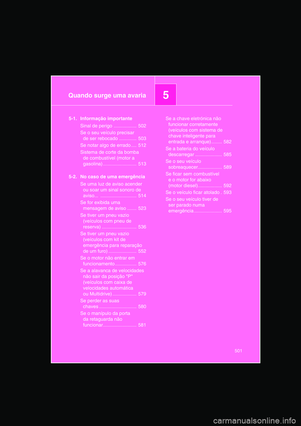 TOYOTA VERSO 2015  Manual de utilização (in Portuguese) 5Quando surge uma avaria
501
5-1. Informação importante
Sinal de perigo .................  502
Se o seu veículo precisar 
de ser rebocado .............  503
Se notar algo de errado ....  512
Sistem