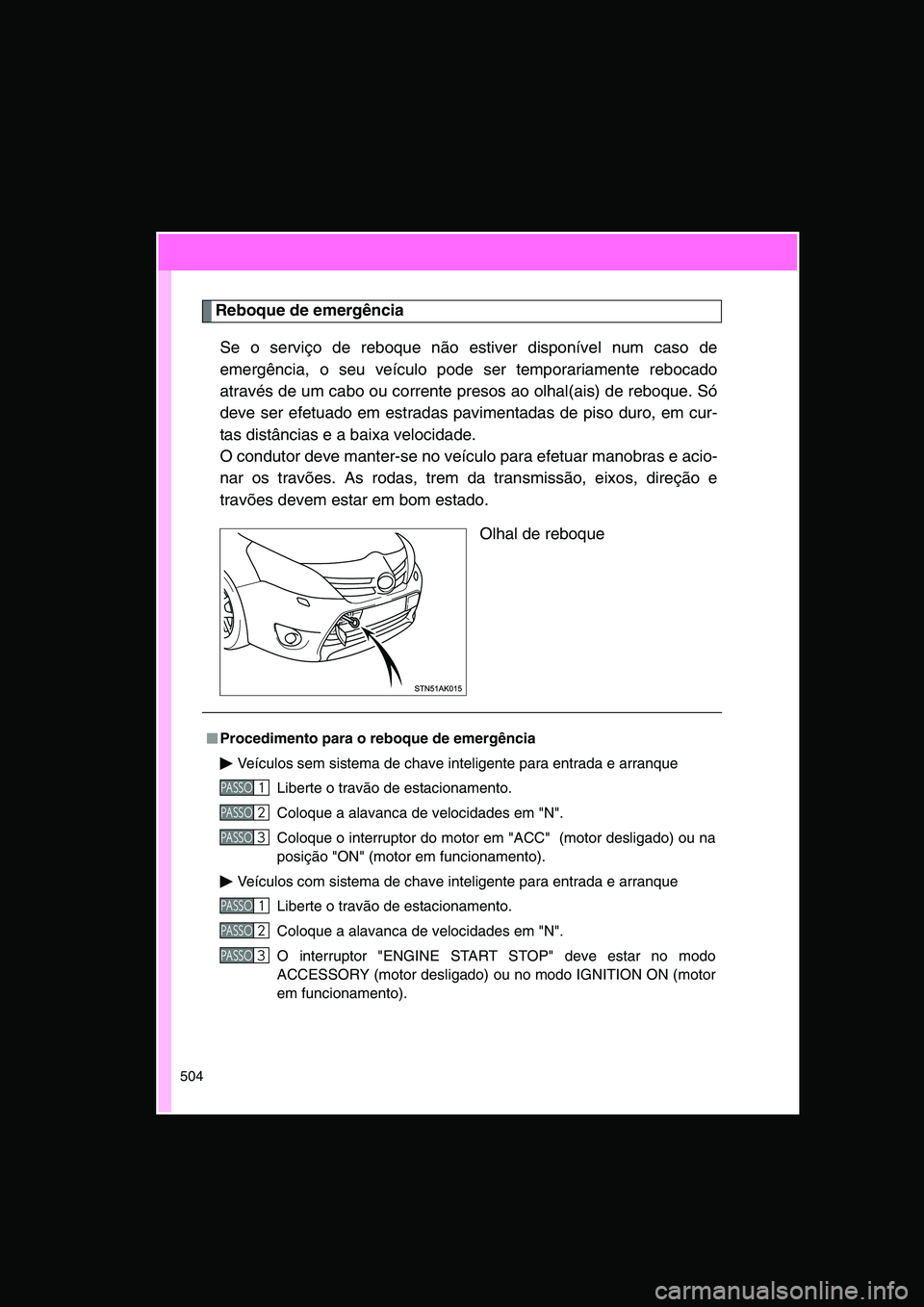 TOYOTA VERSO 2015  Manual de utilização (in Portuguese) 504
Reboque de emergência
Se o serviço de reboque não estiver disponível num caso de
emergência, o seu veículo pode ser temporariamente rebocado
através de um cabo ou corrente presos ao olhal(a