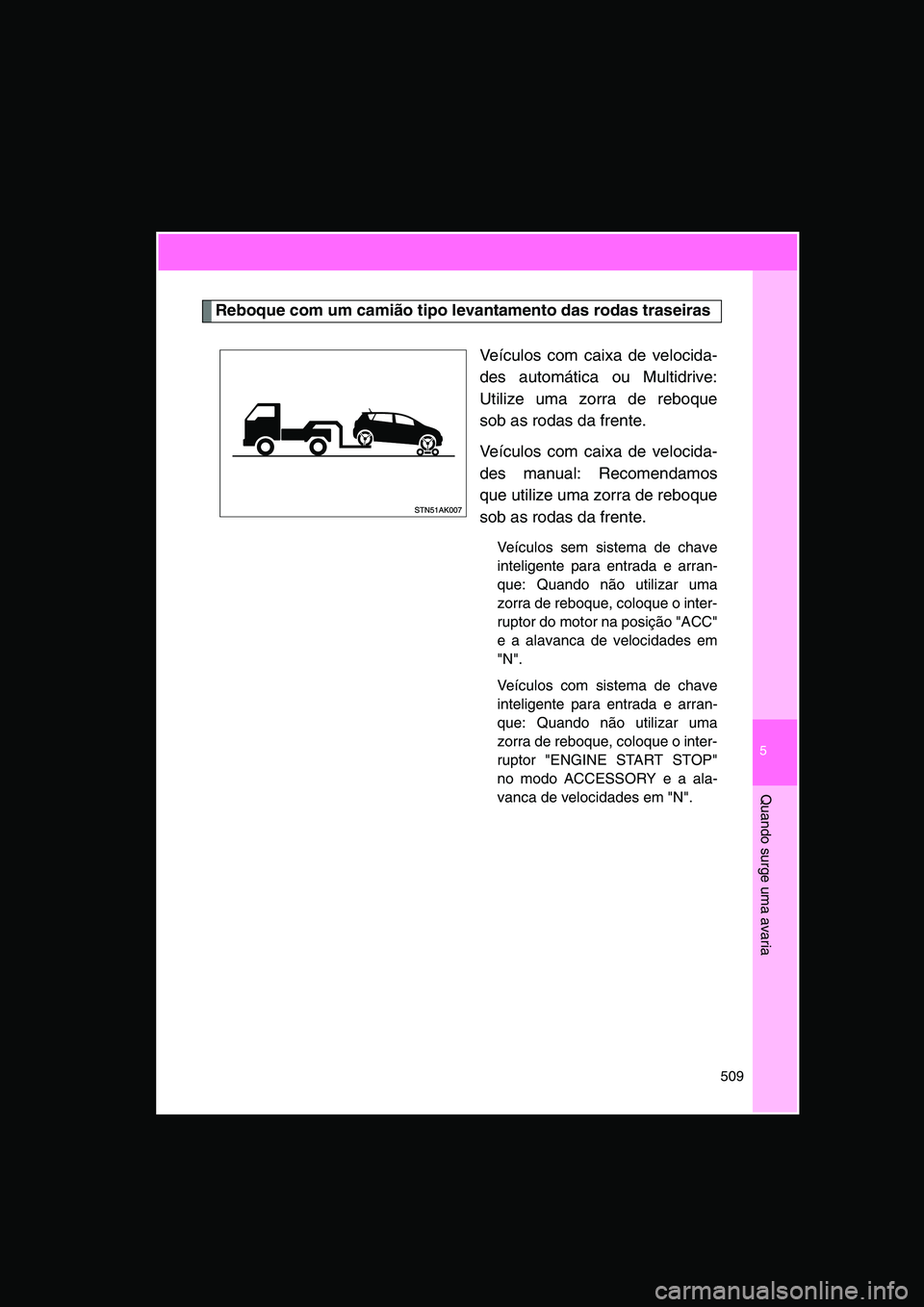 TOYOTA VERSO 2015  Manual de utilização (in Portuguese) 5
509
Quando surge uma avaria
Reboque com um camião tipo levantamento das rodas traseiras
Veículos com caixa de velocida-
des automática ou Multidrive:
Utilize uma zorra de reboque
sob as rodas da 