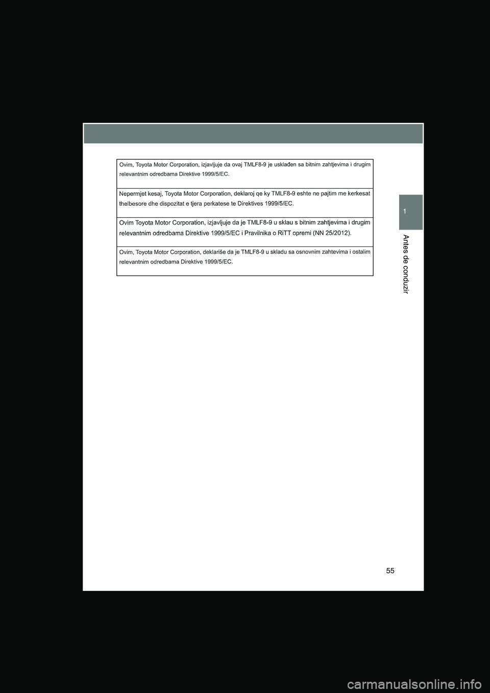 TOYOTA VERSO 2015 Manual de utilização (in Portuguese) 55
1
Antes de conduzir TOYOTA VERSO 2015 Manual de utilização (in Portuguese) 55
1
Antes de conduzir