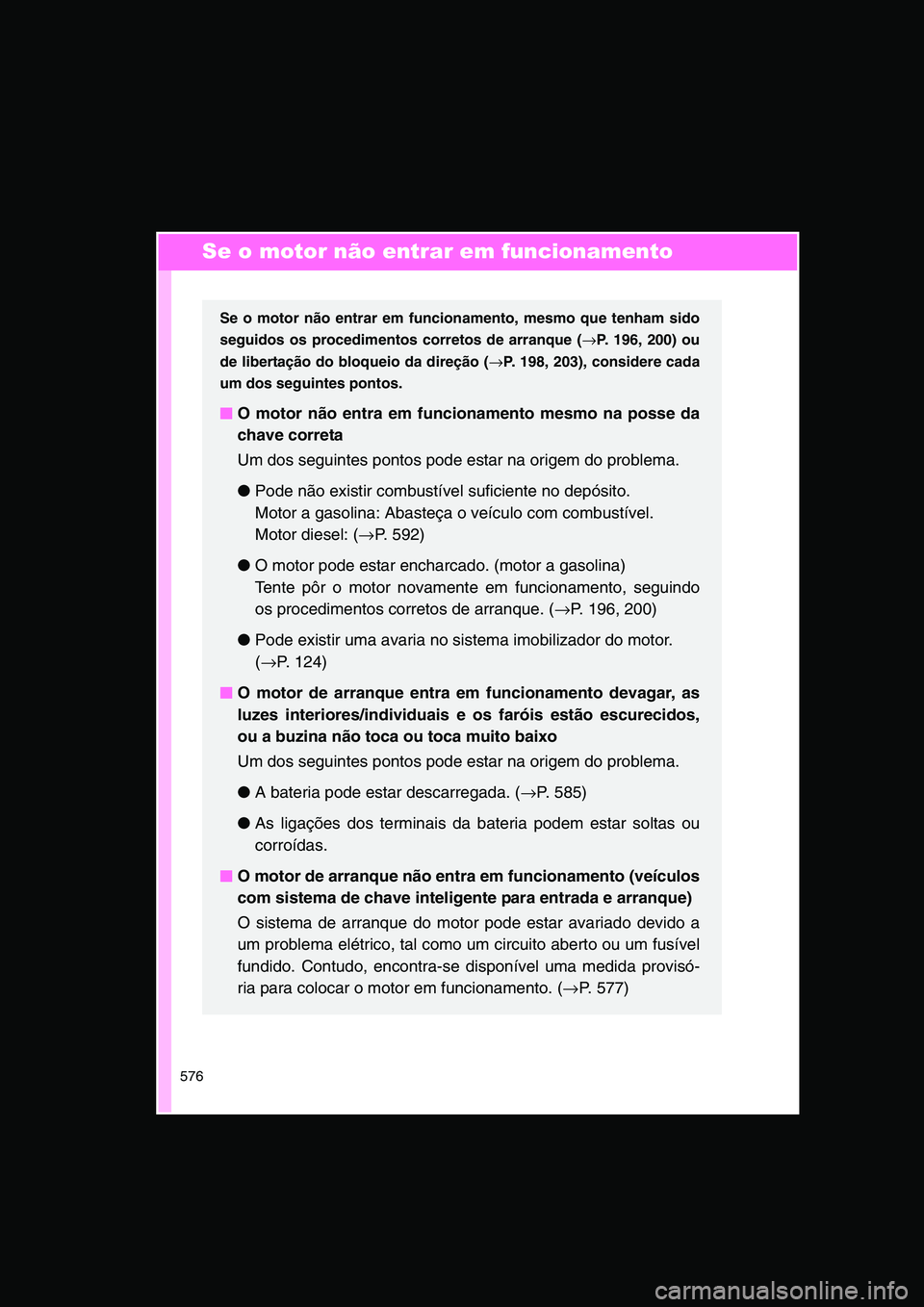 TOYOTA VERSO 2015 Manual de utilização (in Portuguese) 576
Se o motor não entrar em funcionamento
Se o motor não entrar em funcionamento, mesmo que tenham sido
seguidos os procedimentos corretos de arranque (→P. 196, 200) ou
de libertação do bloquei TOYOTA VERSO 2015 Manual de utilização (in Portuguese) 576
Se o motor não entrar em funcionamento
Se o motor não entrar em funcionamento, mesmo que tenham sido
seguidos os procedimentos corretos de arranque (→P. 196, 200) ou
de libertação do bloquei