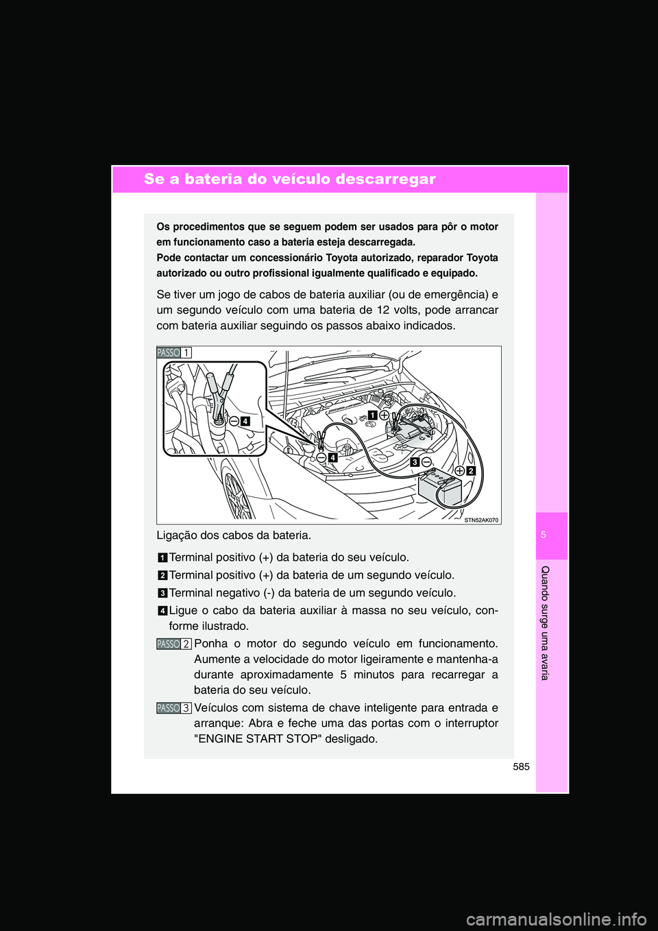 TOYOTA VERSO 2015  Manual de utilização (in Portuguese) 5
585
Quando surge uma avaria
Se a bateria do veículo descarregar
Os procedimentos que se seguem podem ser usados para pôr o motor
em funcionamento caso a bateria esteja descarregada.
Pode contactar