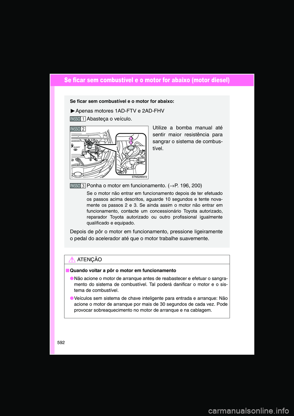 TOYOTA VERSO 2015  Manual de utilização (in Portuguese) 592
Se ficar sem combustível e o motor for abaixo (motor diesel)
AT E N Ç Ã O
■■■■Quando voltar a pôr o motor em funcionamento
●Não acione o motor de arranque antes de reabastecer e efe
