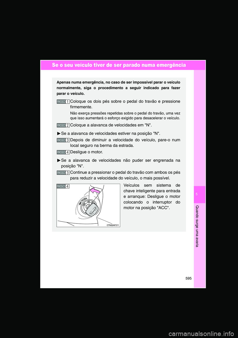 TOYOTA VERSO 2015  Manual de utilização (in Portuguese) 5
595
Quando surge uma avaria
Se o seu veículo tiver de ser parado numa emergência
Apenas numa emergência, no caso de ser impossível parar o veículo
normalmente, siga o procedimento a seguir indi