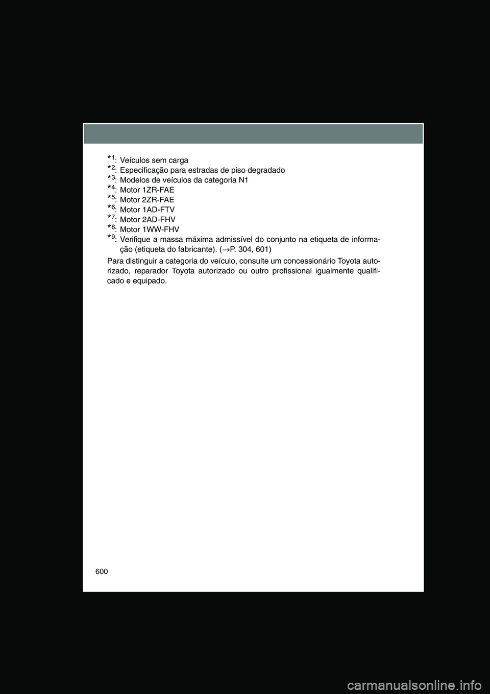 TOYOTA VERSO 2015  Manual de utilização (in Portuguese) 600
*1: Veículos sem carga
*2: Especificação para estradas de piso degradado
*3: Modelos de veículos da categoria N1
*4: Motor 1ZR-FAE 
*5: Motor 2ZR-FAE 
*6: Motor 1AD-FTV 
*7: Motor 2AD-FHV 
*8: