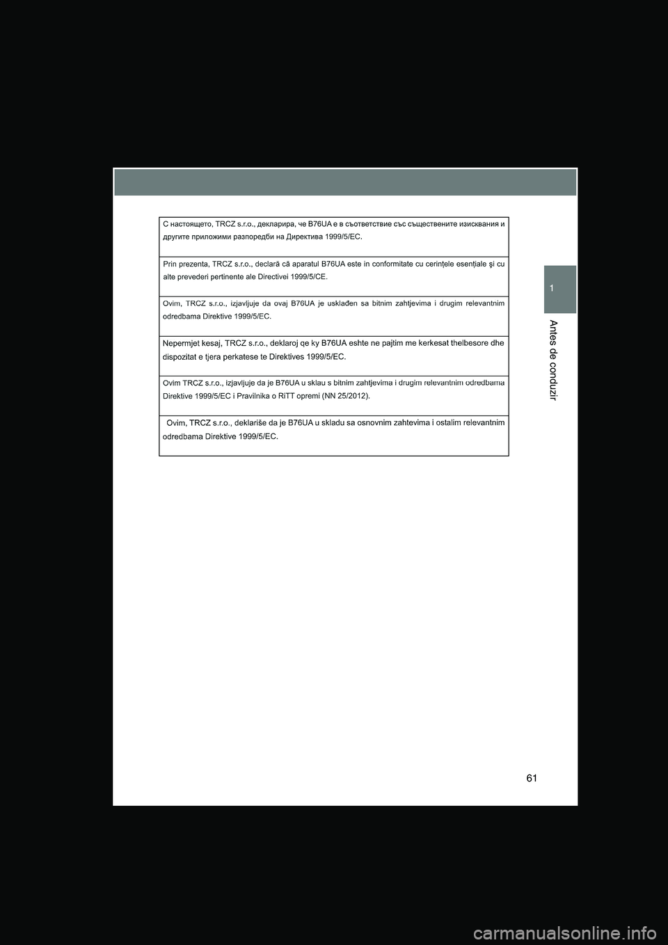 TOYOTA VERSO 2015  Manual de utilização (in Portuguese) 61
1
Antes de conduzir     