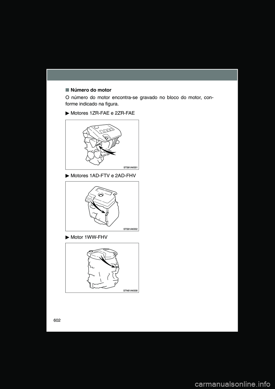 TOYOTA VERSO 2015  Manual de utilização (in Portuguese) 602
■Número do motor 
O número do motor encontra-se gravado no bloco do motor, con-
forme indicado na figura.
Motores 1ZR-FAE e 2ZR-FAE
Motores 1AD-FTV e 2AD-FHV
Motor 1WW-FHV      