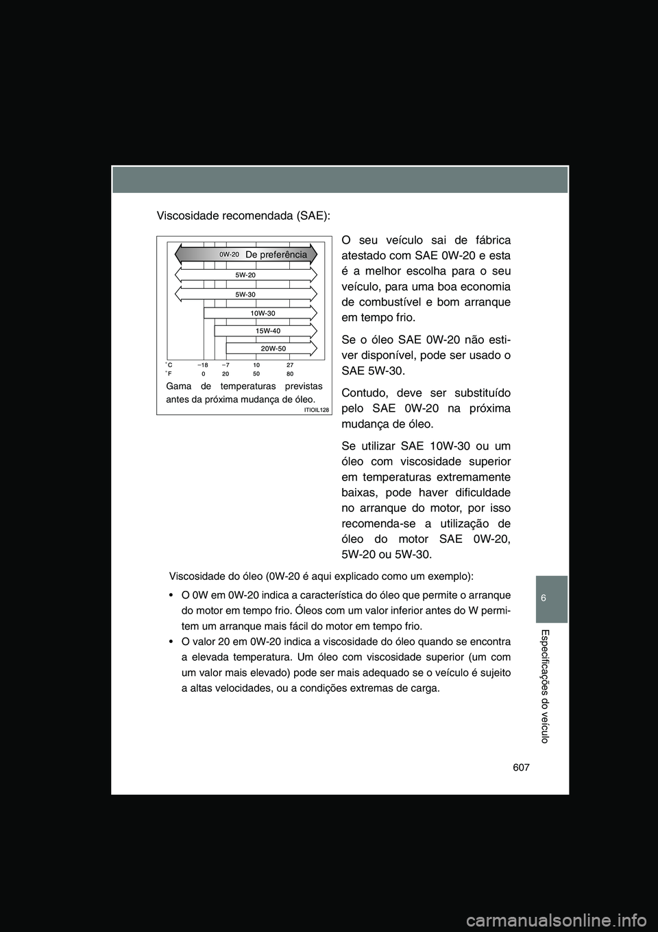 TOYOTA VERSO 2015  Manual de utilização (in Portuguese) 607
6
Especificações do veículo
Viscosidade recomendada (SAE):
O seu veículo sai de fábrica
atestado com SAE 0W-20 e esta
é a melhor escolha para o seu
veículo, para uma boa economia
de combust