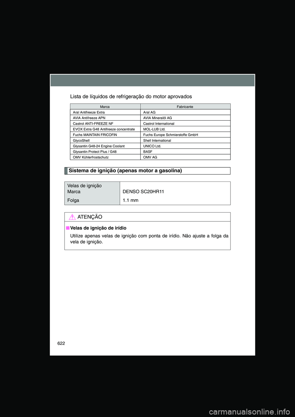TOYOTA VERSO 2015  Manual de utilização (in Portuguese) 622
Lista de líquidos de refrigeração do motor aprovados
Sistema de ignição (apenas motor a gasolina)
MarcaFabricante
Aral Antifreeze Extra Aral AG
AVIA Antifreeze APN AVIA Mineralöl AG
Castrol 