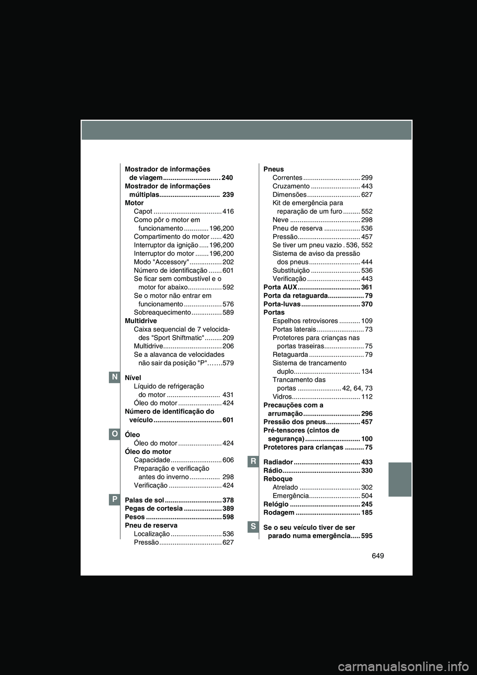 TOYOTA VERSO 2015  Manual de utilização (in Portuguese) 649
Mostrador de informações 
de viagem ............................. . 240 
Mostrador de informações 
múltiplas................................  239
Motor
Capot .................................