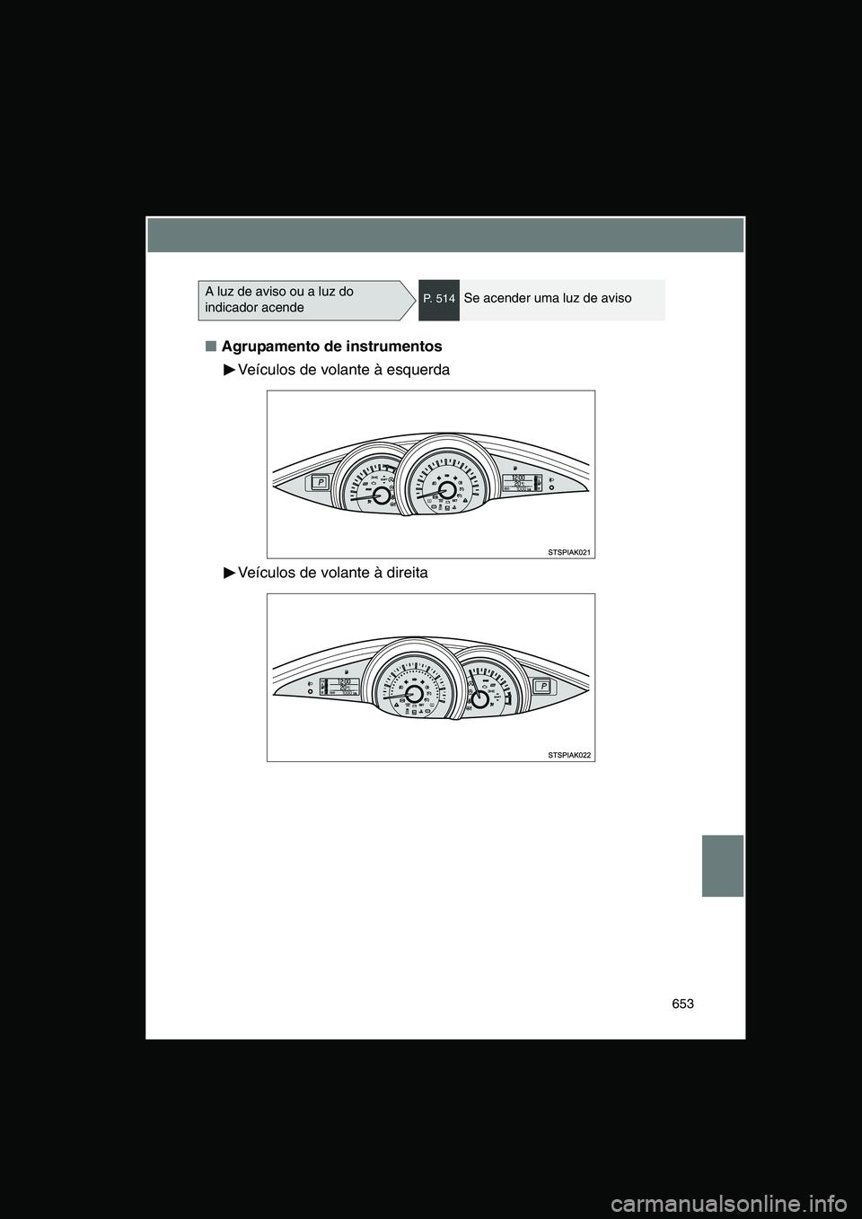 TOYOTA VERSO 2015 Manual de utilização (in Portuguese) 653
■Agrupamento de instrumentos
Veículos de volante à esquerda
Veículos de volante à direita
A luz de aviso ou a luz do
indicador acendeP. 5 1 4Se acender uma luz de aviso TOYOTA VERSO 2015 Manual de utilização (in Portuguese) 653
■Agrupamento de instrumentos
Veículos de volante à esquerda
Veículos de volante à direita
A luz de aviso ou a luz do
indicador acendeP. 5 1 4Se acender uma luz de aviso