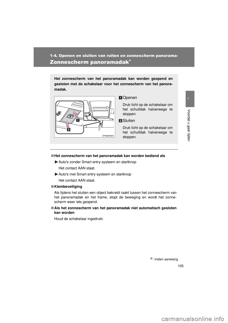TOYOTA VERSO 2015 Instructieboekje (in Dutch) 105
1
1-4. Openen en sluiten van ruiten en zonnescherm panorama-
Voordat u gaat rijden
VERSO(BMW)_WE_OM64558E
Zonnescherm panoramadak∗
∗: Indien aanwezig
■Het zonnescherm van het panorama dak ka TOYOTA VERSO 2015 Instructieboekje (in Dutch) 105
1
1-4. Openen en sluiten van ruiten en zonnescherm panorama-
Voordat u gaat rijden
VERSO(BMW)_WE_OM64558E
Zonnescherm panoramadak∗
∗: Indien aanwezig
■Het zonnescherm van het panorama dak ka