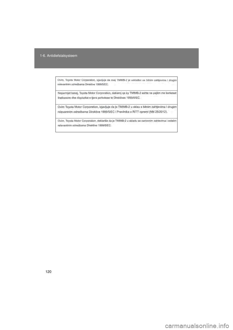 TOYOTA VERSO 2015  Instructieboekje (in Dutch) 120
1-6. Antidiefstalsysteem
VERSO(BMW)_WE_OM64558E
VERSO_WE.book  Page 120  Tuesday, May 12, 2015  3:28 PM 