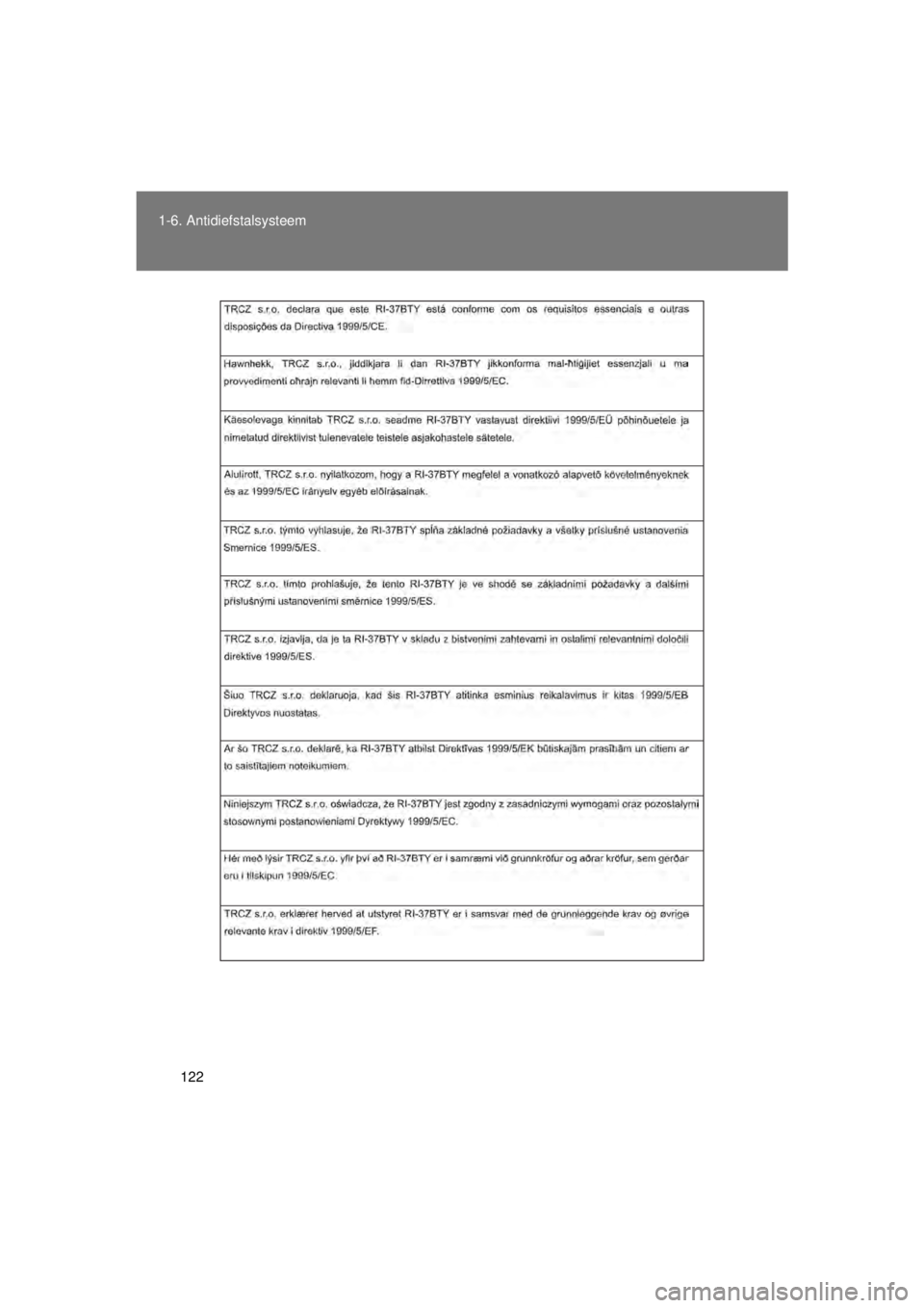 TOYOTA VERSO 2015 Instructieboekje (in Dutch) 122
1-6. Antidiefstalsysteem
VERSO(BMW)_WE_OM64558E
VERSO_WE.book Page 122 Tuesday, May 12, 2015 3:28 PM TOYOTA VERSO 2015 Instructieboekje (in Dutch) 122
1-6. Antidiefstalsysteem
VERSO(BMW)_WE_OM64558E
VERSO_WE.book Page 122 Tuesday, May 12, 2015 3:28 PM