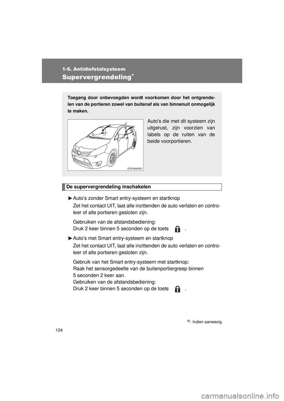 TOYOTA VERSO 2015 Instructieboekje (in Dutch) 124
1-6. Antidiefstalsysteem
VERSO(BMW)_WE_OM64558E
Super vergrendeling∗
De supervergrendeling inschakelenAutos zonder Smart entry-systeem en startknop
Zet het contact UIT, laat alle inzittenden de TOYOTA VERSO 2015 Instructieboekje (in Dutch) 124
1-6. Antidiefstalsysteem
VERSO(BMW)_WE_OM64558E
Super vergrendeling∗
De supervergrendeling inschakelenAutos zonder Smart entry-systeem en startknop
Zet het contact UIT, laat alle inzittenden de