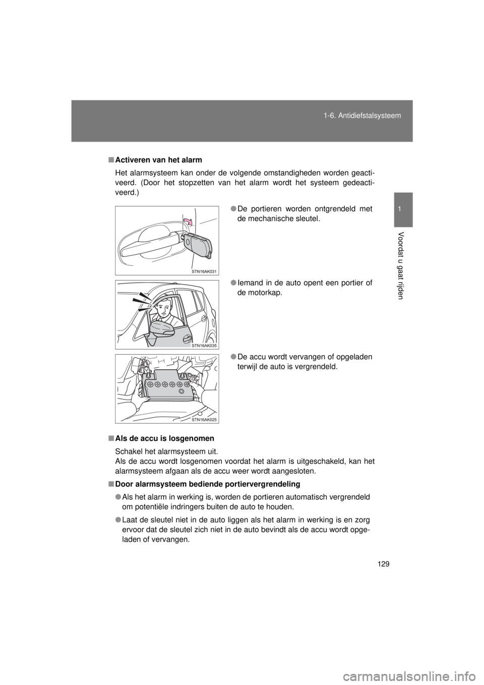 TOYOTA VERSO 2015 Instructieboekje (in Dutch) 129
1-6. Antidiefstalsysteem
1
Voordat u gaat rijden
VERSO(BMW)_WE_OM64558E
■
Activeren van het alarm
Het alarmsysteem kan onder de volgende omstandigheden worden geacti-
veerd. (Door het stopzetten TOYOTA VERSO 2015 Instructieboekje (in Dutch) 129
1-6. Antidiefstalsysteem
1
Voordat u gaat rijden
VERSO(BMW)_WE_OM64558E
■
Activeren van het alarm
Het alarmsysteem kan onder de volgende omstandigheden worden geacti-
veerd. (Door het stopzetten