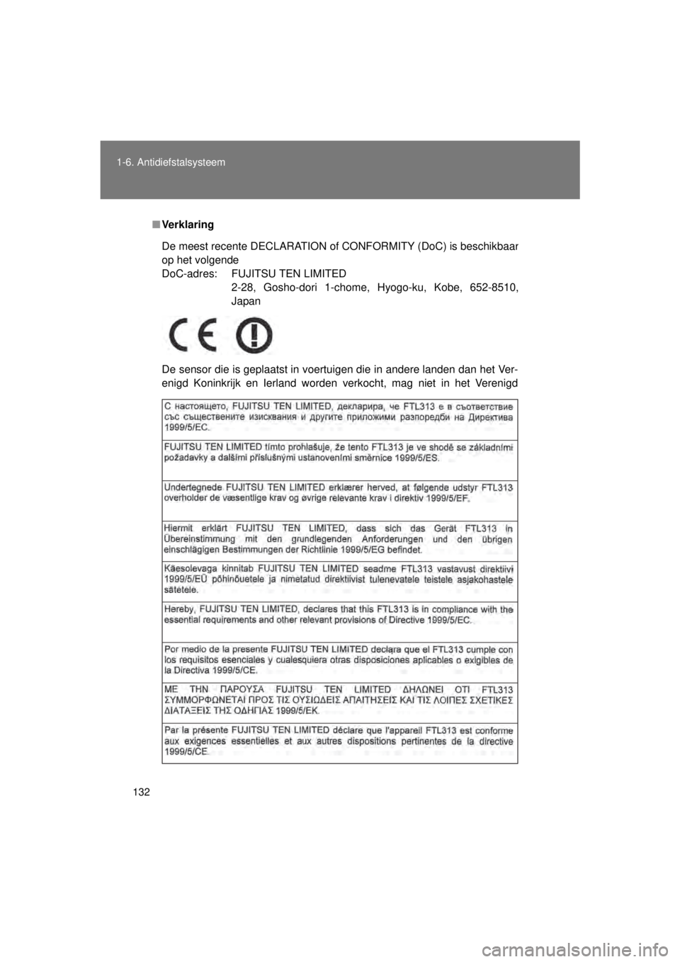 TOYOTA VERSO 2015 Instructieboekje (in Dutch) 132
1-6. Antidiefstalsysteem
VERSO(BMW)_WE_OM64558E
■
Ve r k l a ri n g
De sensor die is geplaatst in voertuigen die in andere landen dan het Ver-
enigd Koninkrijk en Ierland worden verkocht, mag ni TOYOTA VERSO 2015 Instructieboekje (in Dutch) 132
1-6. Antidiefstalsysteem
VERSO(BMW)_WE_OM64558E
■
Ve r k l a ri n g
De sensor die is geplaatst in voertuigen die in andere landen dan het Ver-
enigd Koninkrijk en Ierland worden verkocht, mag ni