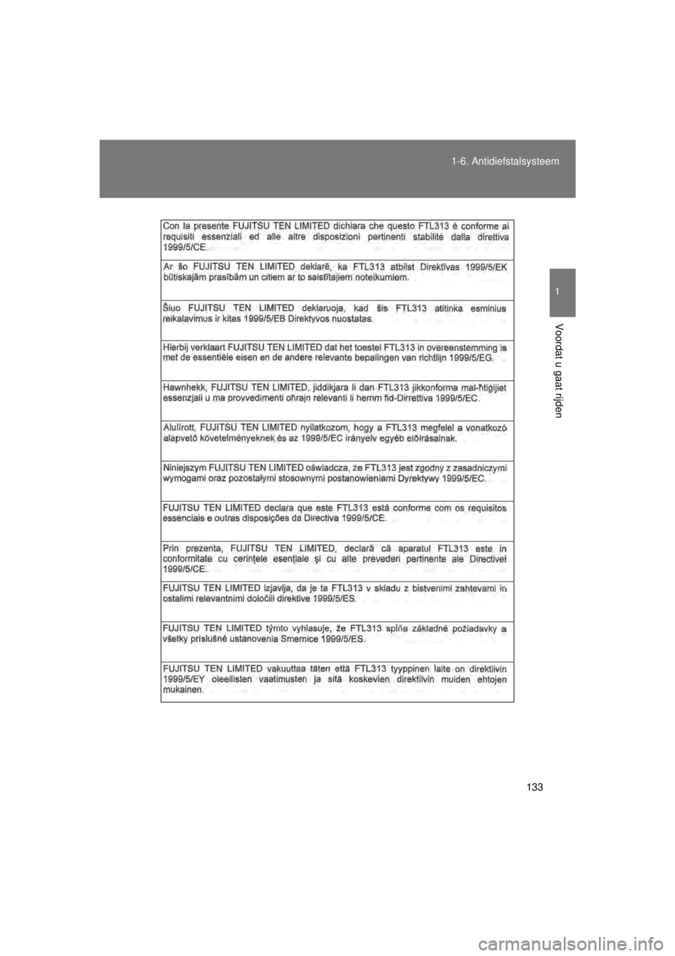 TOYOTA VERSO 2015 Instructieboekje (in Dutch) 133
1-6. Antidiefstalsysteem
1
Voordat u gaat rijden
VERSO(BMW)_WE_OM64558E
VERSO_WE.book Page 133 Tuesday, May 12, 2015 3:28 PM TOYOTA VERSO 2015 Instructieboekje (in Dutch) 133
1-6. Antidiefstalsysteem
1
Voordat u gaat rijden
VERSO(BMW)_WE_OM64558E
VERSO_WE.book Page 133 Tuesday, May 12, 2015 3:28 PM