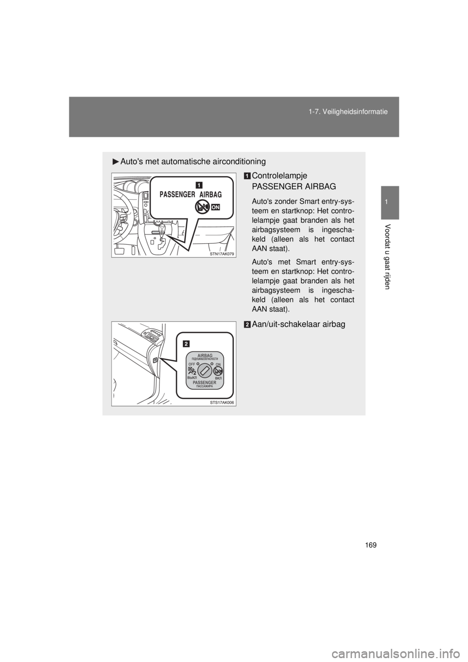 TOYOTA VERSO 2015 Instructieboekje (in Dutch) 169
1-7. Veiligheidsinformatie
1
Voordat u gaat rijden
VERSO(BMW)_WE_OM64558E
Autos met automat
ische airconditioning
Controlelampje
PASSENGER AIRBAG
Autos zonder Smart entry-sys-
teem en startknop TOYOTA VERSO 2015 Instructieboekje (in Dutch) 169
1-7. Veiligheidsinformatie
1
Voordat u gaat rijden
VERSO(BMW)_WE_OM64558E
Autos met automat
ische airconditioning
Controlelampje
PASSENGER AIRBAG
Autos zonder Smart entry-sys-
teem en startknop