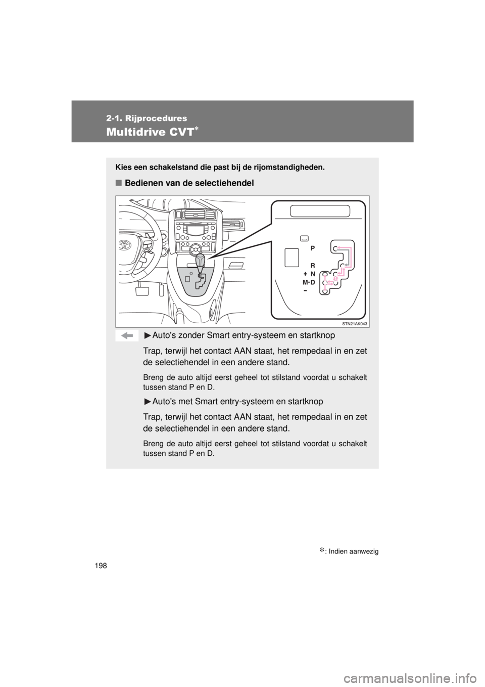 TOYOTA VERSO 2015 Instructieboekje (in Dutch) 198
2-1. Rijprocedures
VERSO(BMW)_WE_OM64558E
Multidrive CVT∗
∗: Indien aanwezig
Kies een schakelstand die past bij de rijomstandigheden.
■Bedienen van de selectiehendel
Autos zonder Smart entr TOYOTA VERSO 2015 Instructieboekje (in Dutch) 198
2-1. Rijprocedures
VERSO(BMW)_WE_OM64558E
Multidrive CVT∗
∗: Indien aanwezig
Kies een schakelstand die past bij de rijomstandigheden.
■Bedienen van de selectiehendel
Autos zonder Smart entr