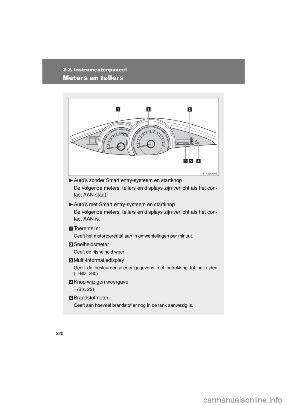 TOYOTA VERSO 2015  Instructieboekje (in Dutch) 220
VERSO(BMW)_WE_OM64558E
2-2. Instrumentenpaneel
Meters en tellers
Autos zonder Smart entry-systeem en startknop
De volgende meters, tellers en displays zijn verlicht als het con-
tact AAN staat.
A