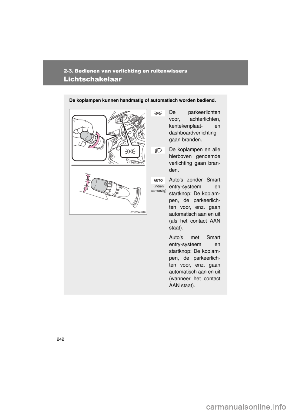 TOYOTA VERSO 2015  Instructieboekje (in Dutch) 242
VERSO(BMW)_WE_OM64558E
2-3. Bedienen van verlichting en ruitenwissers
Lichtschakelaar
De koplampen kunnen handmatig of automatisch worden bediend.
De parkeerlichten
voor, achterlichten,
kentekenpl