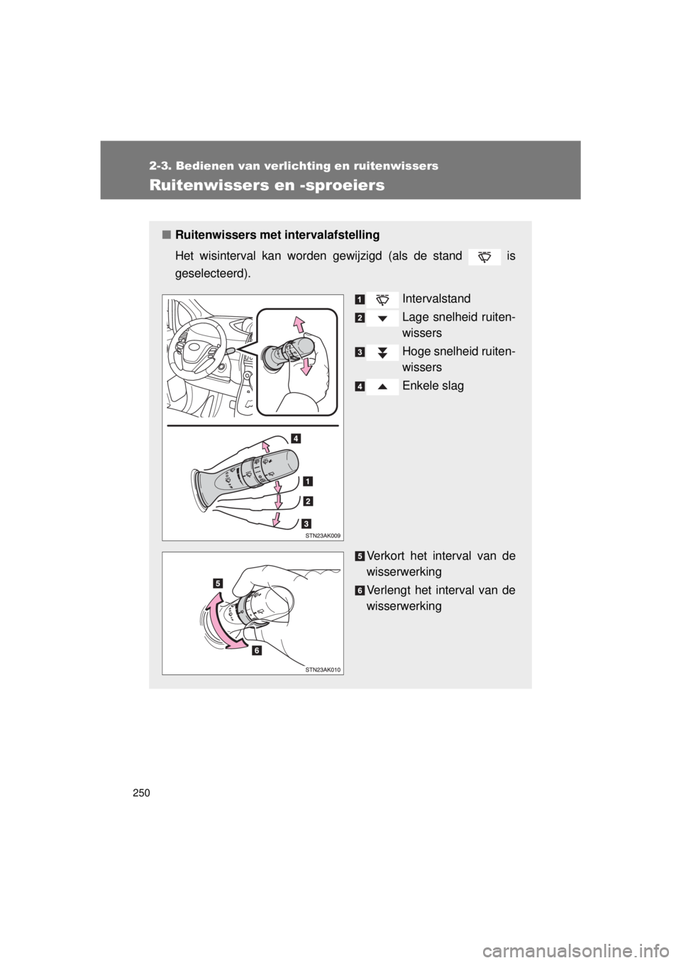 TOYOTA VERSO 2015  Instructieboekje (in Dutch) 250
2-3. Bedienen van verlichting en ruitenwissers
VERSO(BMW)_WE_OM64558E
Ruitenwissers en -sproeiers
■Ruitenwissers met intervalafstelling
Het wisinterval kan worden gewijzigd (als de stand   is
ge