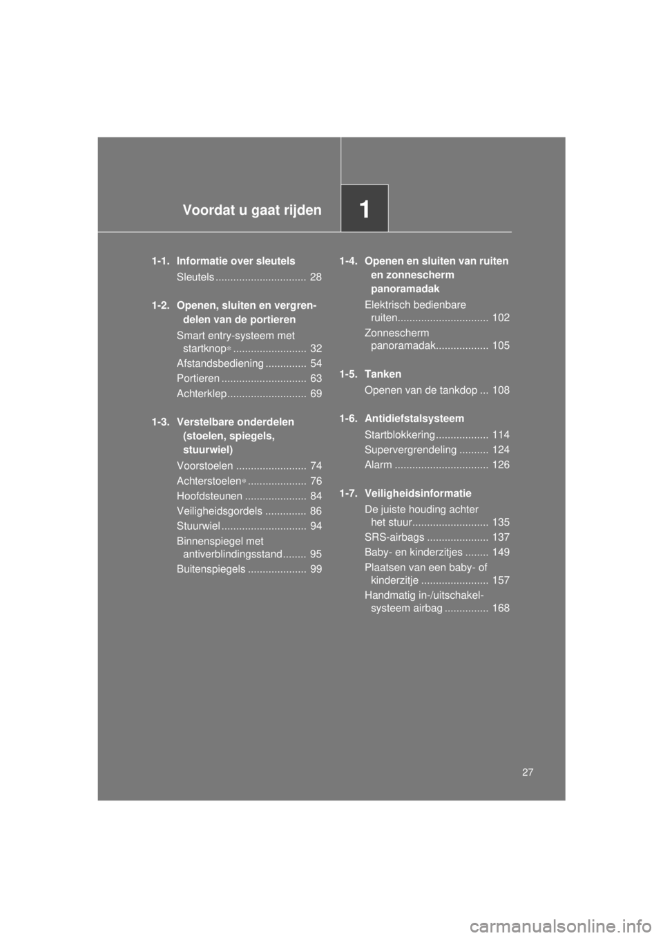 TOYOTA VERSO 2015 Instructieboekje (in Dutch) 1Voordat u gaat rijden
27
VERSO(BMW)_WE_OM64558E
1-1. Informatie over sleutelsSleutels ............................... 28
1-2. Openen, sluiten en vergren- delen van de portieren
Smart entry-systeem m TOYOTA VERSO 2015 Instructieboekje (in Dutch) 1Voordat u gaat rijden
27
VERSO(BMW)_WE_OM64558E
1-1. Informatie over sleutelsSleutels ............................... 28
1-2. Openen, sluiten en vergren- delen van de portieren
Smart entry-systeem m