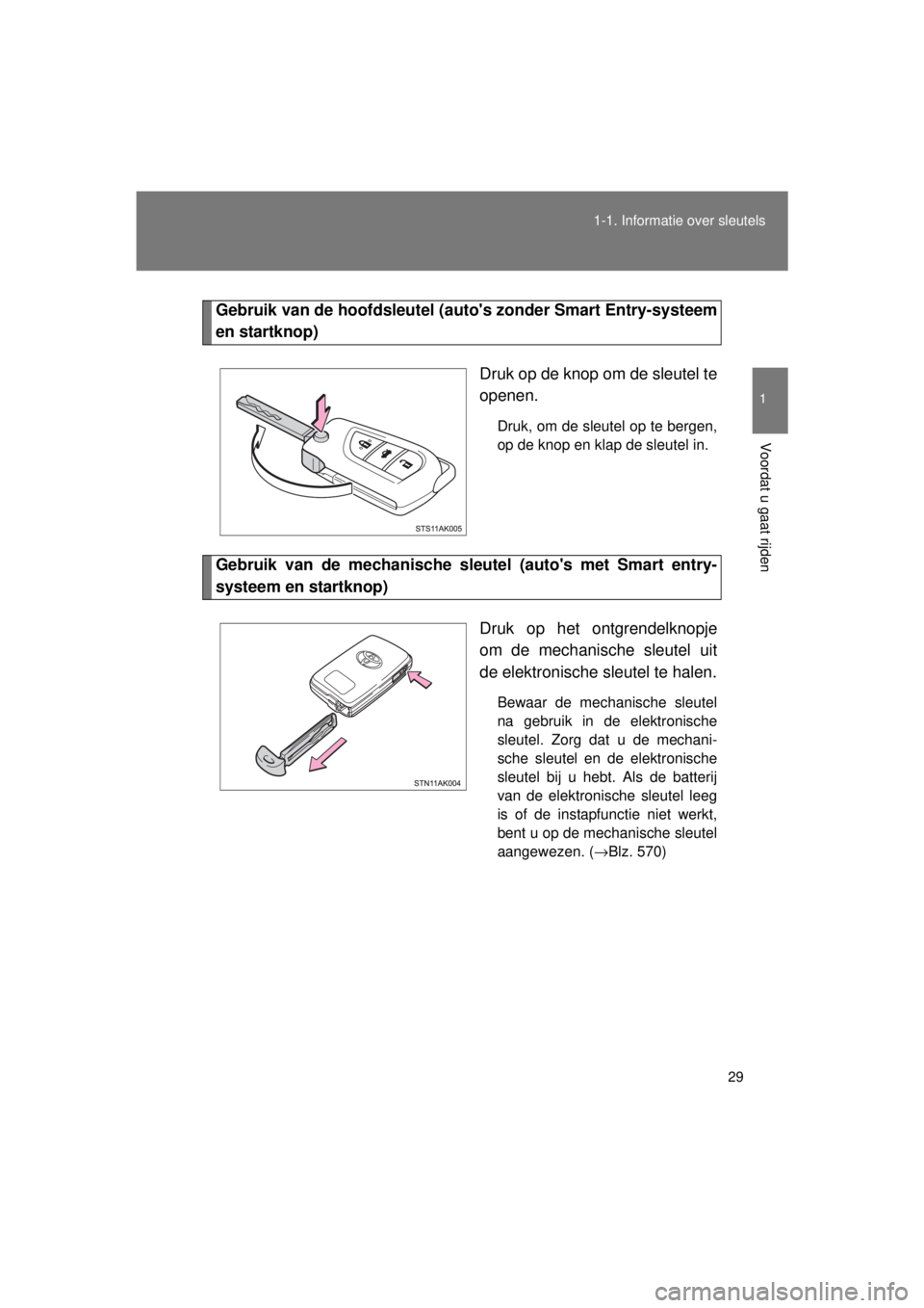 TOYOTA VERSO 2015 Instructieboekje (in Dutch) 29
1-1. Informatie over sleutels
1
Voordat u gaat rijden
VERSO(BMW)_WE_OM64558E
Gebruik van de hoofdsleutel (a
utos zonder Smart Entry-systeem
en startknop)
Druk op de knop om de sleutel te
openen.
D TOYOTA VERSO 2015 Instructieboekje (in Dutch) 29
1-1. Informatie over sleutels
1
Voordat u gaat rijden
VERSO(BMW)_WE_OM64558E
Gebruik van de hoofdsleutel (a
utos zonder Smart Entry-systeem
en startknop)
Druk op de knop om de sleutel te
openen.
D