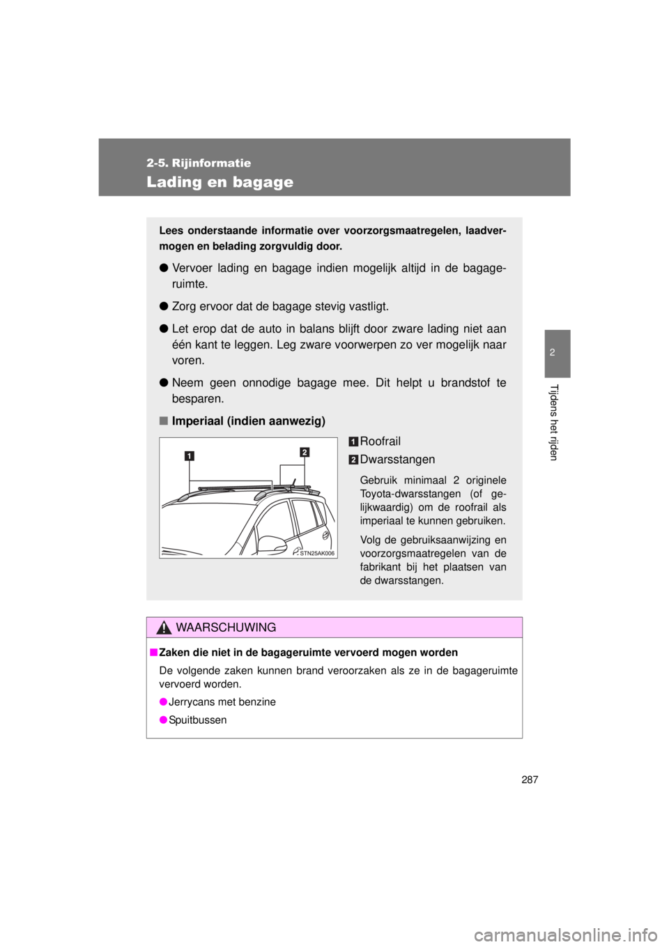 TOYOTA VERSO 2015 Instructieboekje (in Dutch) 287
2
Tijdens het rijden
VERSO(BMW)_WE_OM64558E
2-5. Rijinformatie
Lading en bagage
WAARSCHUWING
■Zaken die niet in de bagageruimte vervoerd mogen worden
De volgende zaken kunnen brand veroorzaken a TOYOTA VERSO 2015 Instructieboekje (in Dutch) 287
2
Tijdens het rijden
VERSO(BMW)_WE_OM64558E
2-5. Rijinformatie
Lading en bagage
WAARSCHUWING
■Zaken die niet in de bagageruimte vervoerd mogen worden
De volgende zaken kunnen brand veroorzaken a