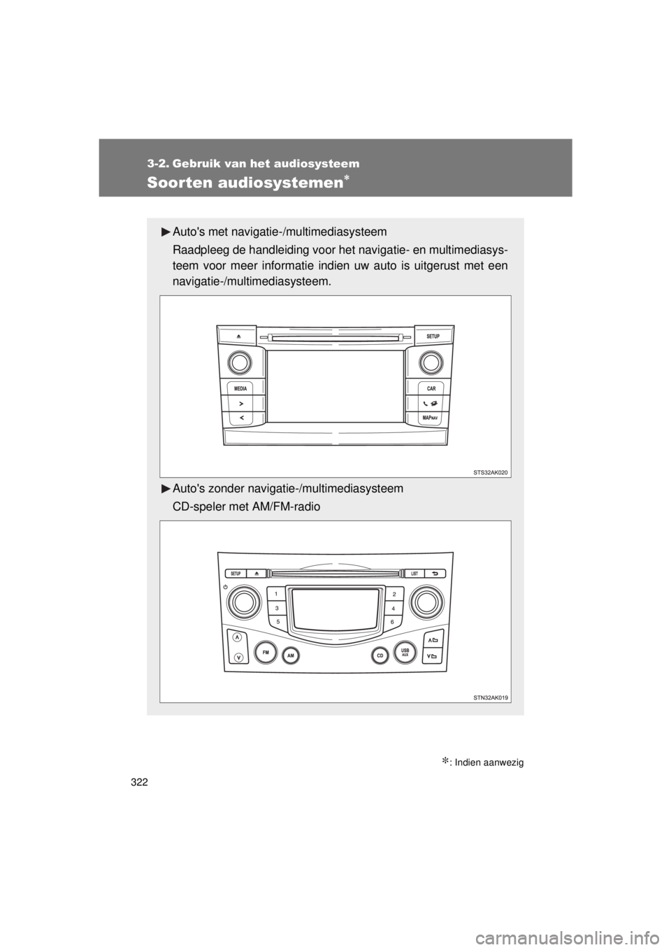 TOYOTA VERSO 2015  Instructieboekje (in Dutch) 322
VERSO(BMW)_WE_OM64558E
3-2. Gebruik van het audiosysteem
Soorten audiosystemen∗
∗: Indien aanwezig
Autos met navigatie-/multimediasysteem
Raadpleeg de handleiding voor het navigatie- en multi