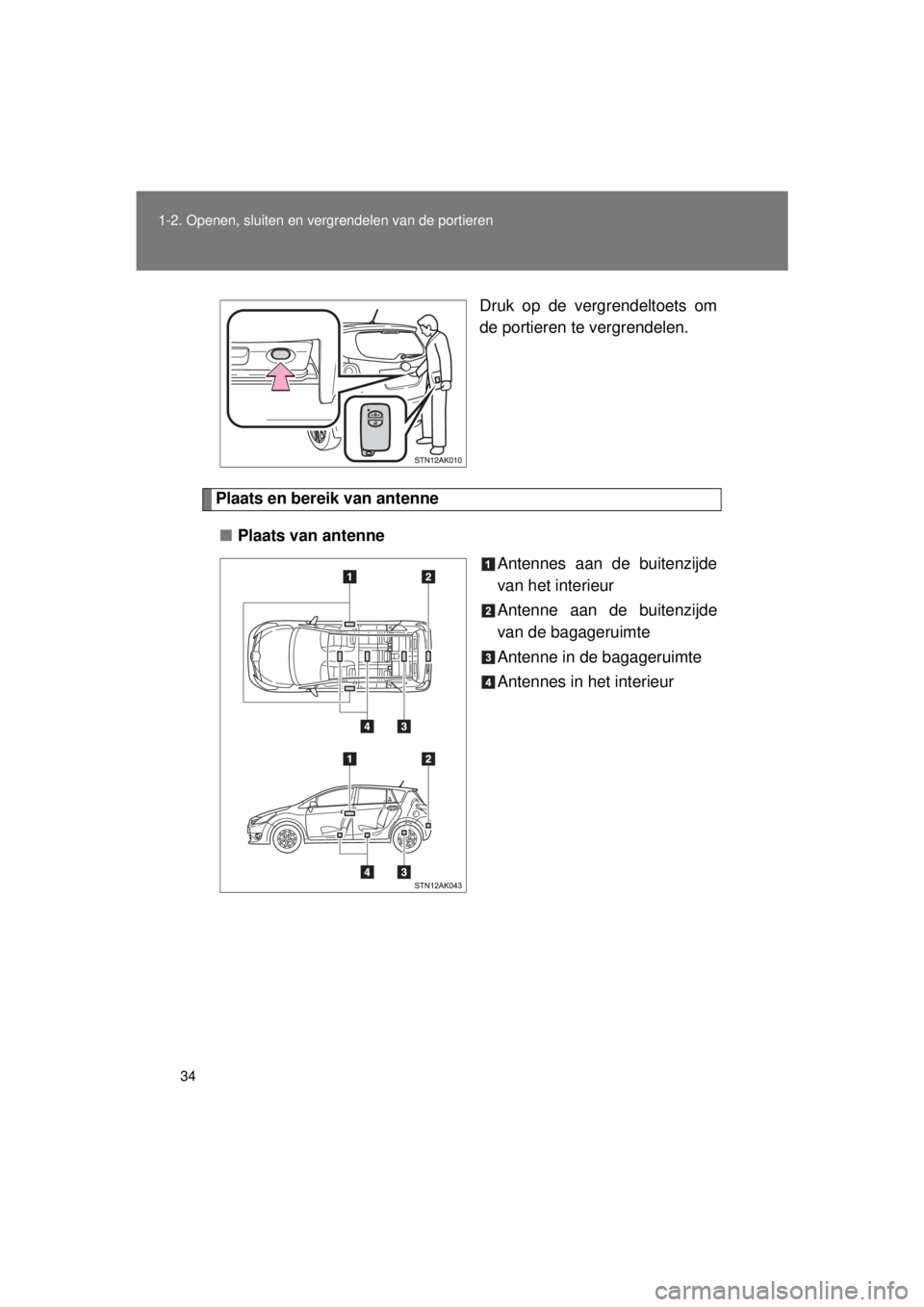 TOYOTA VERSO 2015 Instructieboekje (in Dutch) 34
1-2. Openen, sluiten en vergrendelen van de portieren
VERSO(BMW)_WE_OM64558E
Druk op de vergrendeltoets om
de portieren te vergrendelen.
Plaats en bereik van antenne
■ Plaats van antenne
Antennes TOYOTA VERSO 2015 Instructieboekje (in Dutch) 34
1-2. Openen, sluiten en vergrendelen van de portieren
VERSO(BMW)_WE_OM64558E
Druk op de vergrendeltoets om
de portieren te vergrendelen.
Plaats en bereik van antenne
■ Plaats van antenne
Antennes
