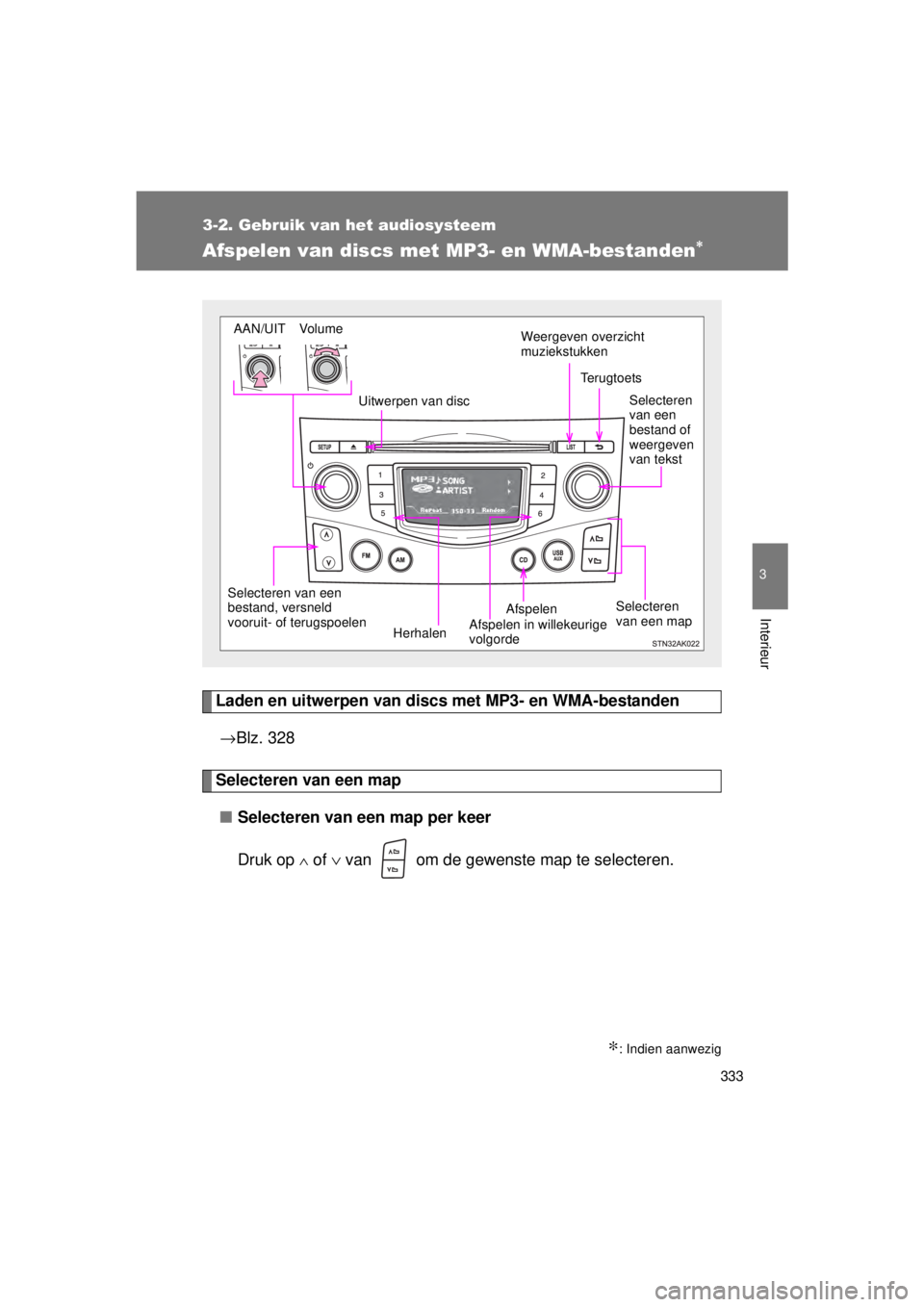 TOYOTA VERSO 2015  Instructieboekje (in Dutch) 333
3-2. Gebruik van het audiosysteem
3
Interieur
VERSO(BMW)_WE_OM64558E
Afspelen van discs met MP3- en WMA-bestanden∗
Laden en uitwerpen van discs  met MP3- en WMA-bestanden
→ Blz. 328
Selecteren