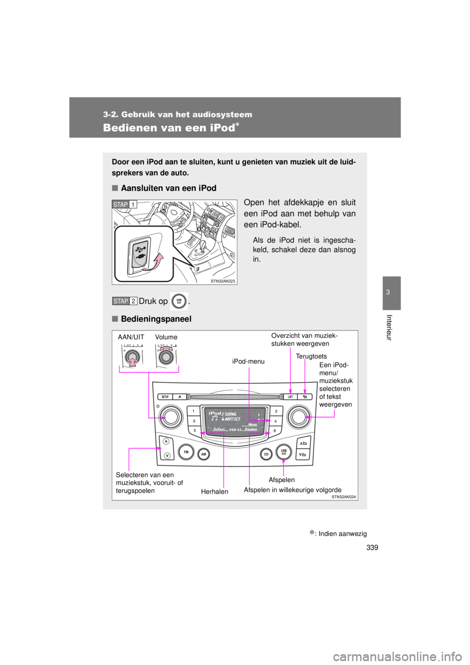 TOYOTA VERSO 2015  Instructieboekje (in Dutch) 339
3-2. Gebruik van het audiosysteem
3
Interieur
VERSO(BMW)_WE_OM64558E
Bedienen van een iPod∗
∗: Indien aanwezig
Door een iPod aan te sluiten, kunt u genieten van muziek uit de luid-
sprekers va