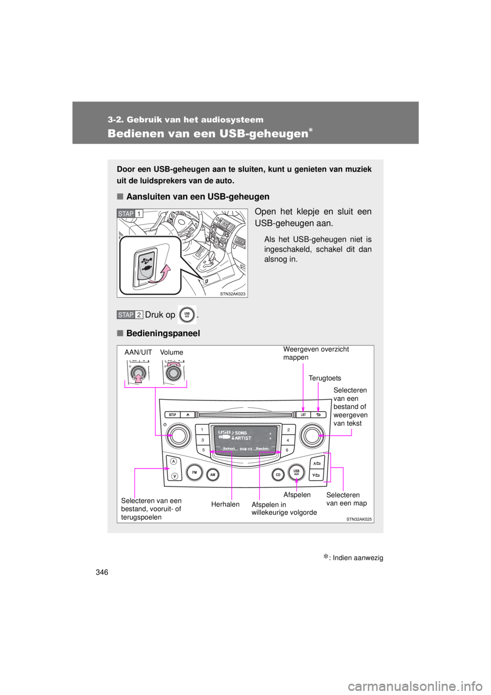 TOYOTA VERSO 2015 Instructieboekje (in Dutch) 346
3-2. Gebruik van het audiosysteem
VERSO(BMW)_WE_OM64558E
Bedienen van een USB-geheugen∗
∗: Indien aanwezig
Door een USB-geheugen aan te sluiten, kunt u genieten van muziek
uit de luidsprekers TOYOTA VERSO 2015 Instructieboekje (in Dutch) 346
3-2. Gebruik van het audiosysteem
VERSO(BMW)_WE_OM64558E
Bedienen van een USB-geheugen∗
∗: Indien aanwezig
Door een USB-geheugen aan te sluiten, kunt u genieten van muziek
uit de luidsprekers