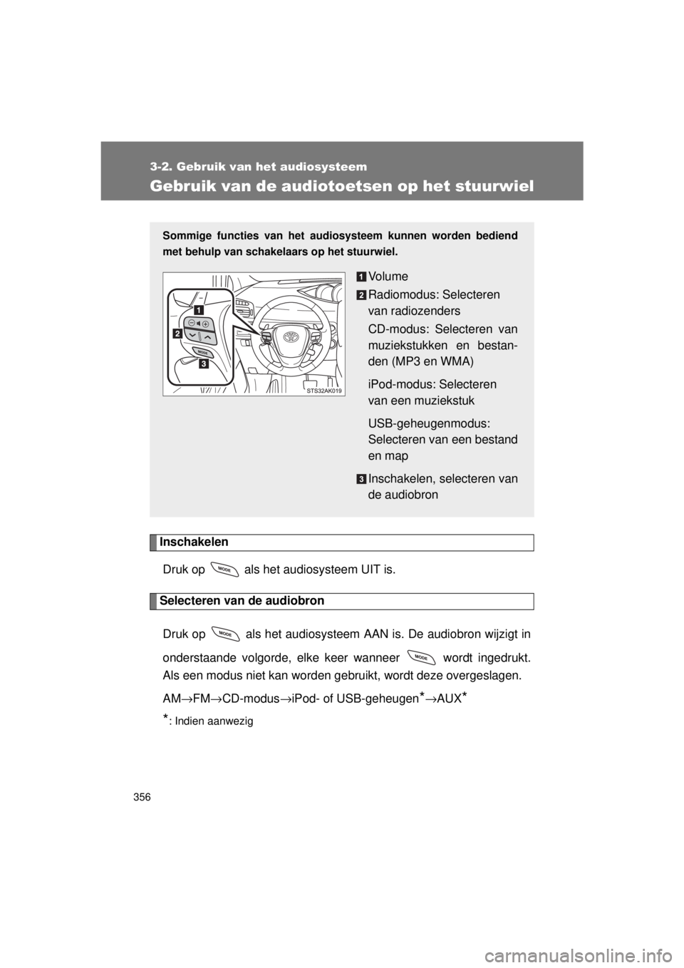 TOYOTA VERSO 2015 Instructieboekje (in Dutch) 356
3-2. Gebruik van het audiosysteem
VERSO(BMW)_WE_OM64558E
Gebruik van de audiotoetsen op het stuurwiel
InschakelenDruk op als het audiosysteem UIT is.
Selecteren van de audiobron
Druk op als h TOYOTA VERSO 2015 Instructieboekje (in Dutch) 356
3-2. Gebruik van het audiosysteem
VERSO(BMW)_WE_OM64558E
Gebruik van de audiotoetsen op het stuurwiel
InschakelenDruk op als het audiosysteem UIT is.
Selecteren van de audiobron
Druk op als h