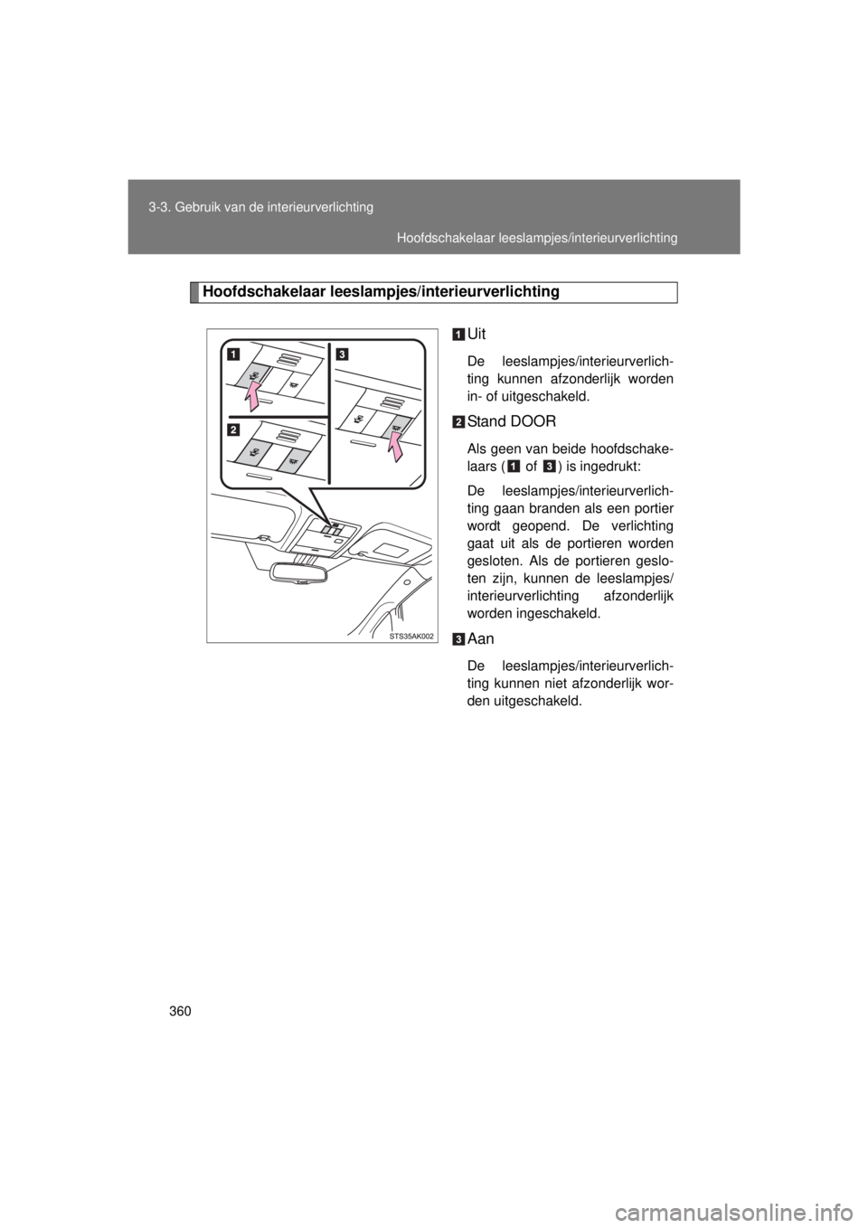 TOYOTA VERSO 2015 Instructieboekje (in Dutch) 360
3-3. Gebruik van de interieurverlichting
VERSO(BMW)_WE_OM64558E
Hoofdschakelaar leeslampjes/interieurverlichting
Uit
De leeslampjes/interieurverlich-
ting kunnen afzonderlijk worden
in- of uitgesc TOYOTA VERSO 2015 Instructieboekje (in Dutch) 360
3-3. Gebruik van de interieurverlichting
VERSO(BMW)_WE_OM64558E
Hoofdschakelaar leeslampjes/interieurverlichting
Uit
De leeslampjes/interieurverlich-
ting kunnen afzonderlijk worden
in- of uitgesc