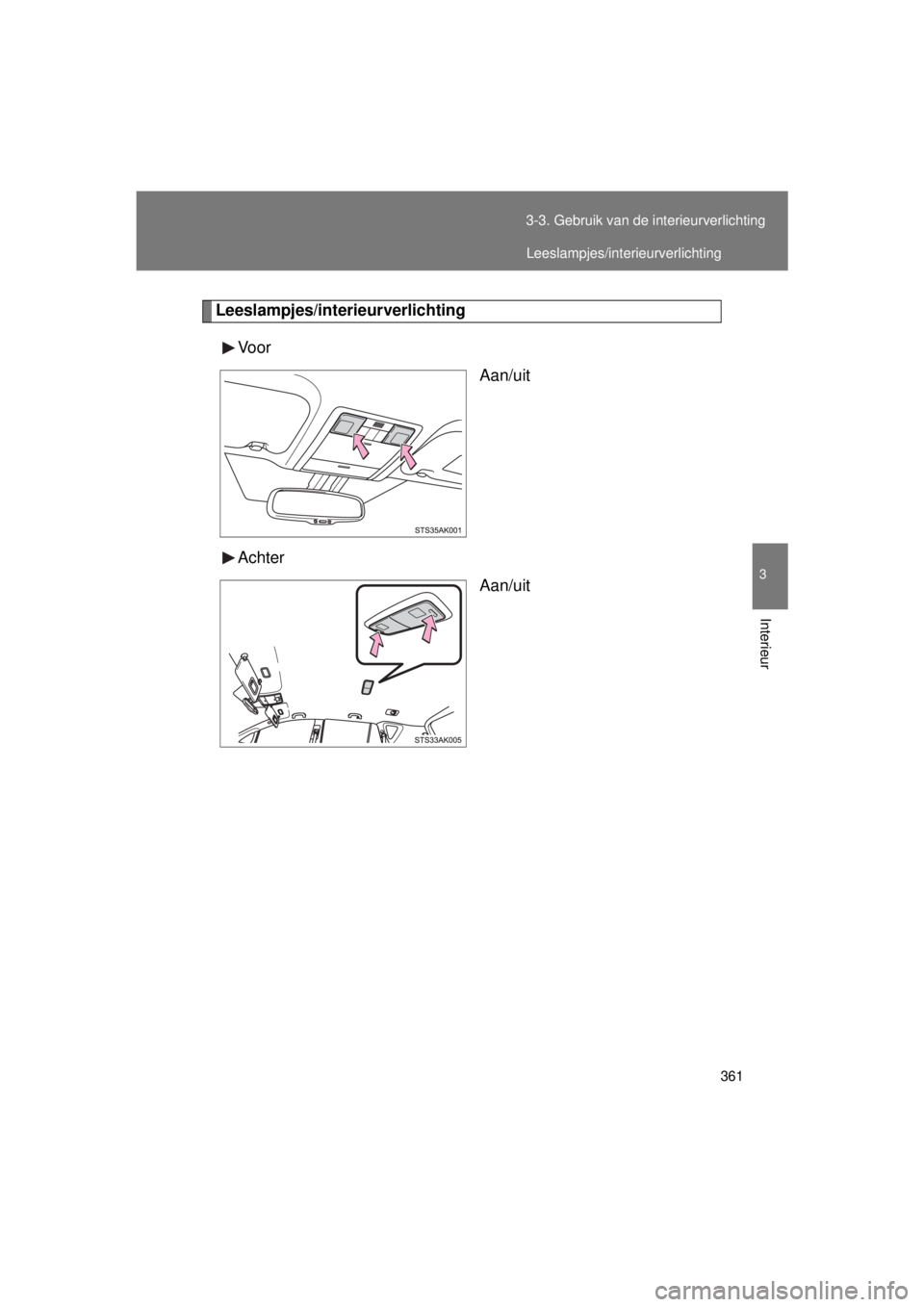 TOYOTA VERSO 2015  Instructieboekje (in Dutch) 361
3-3. Gebruik van de interieurverlichting
3
Interieur
VERSO(BMW)_WE_OM64558E
Leeslampjes/interieurverlichting
Vo o r Aan/uit
Achter Aan/uit
Leeslampjes/interieurverlichting
VERSO_WE.book  Page 361 