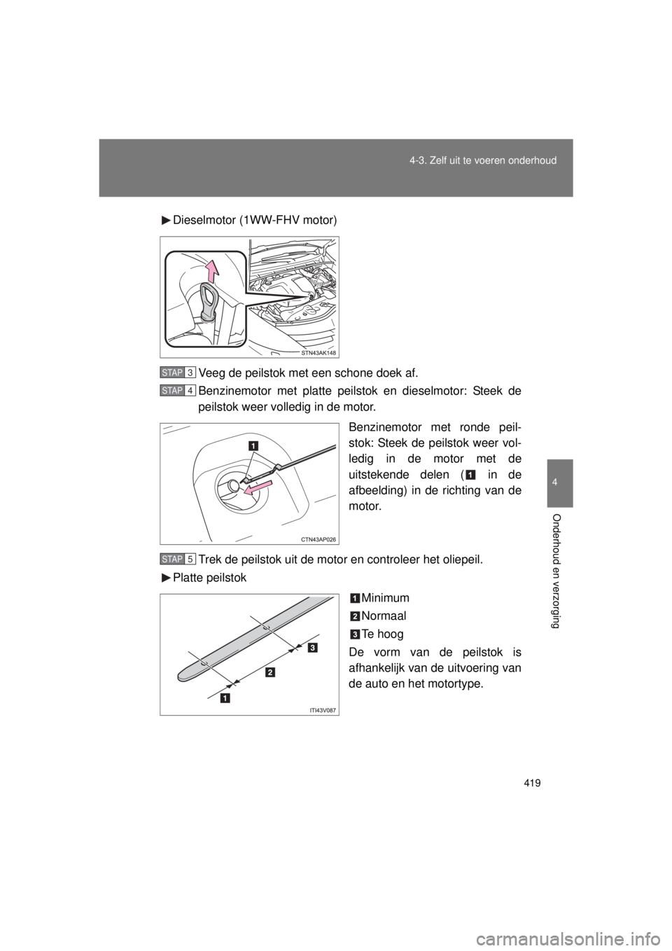 TOYOTA VERSO 2015  Instructieboekje (in Dutch) 419
4-3. Zelf uit te voeren onderhoud
4
Onderhoud en verzorging
VERSO(BMW)_WE_OM64558E
Dieselmotor (1WW-FHV motor)
Veeg de peilstok met een schone doek af.
Benzinemotor met platte peilstok en dieselmo