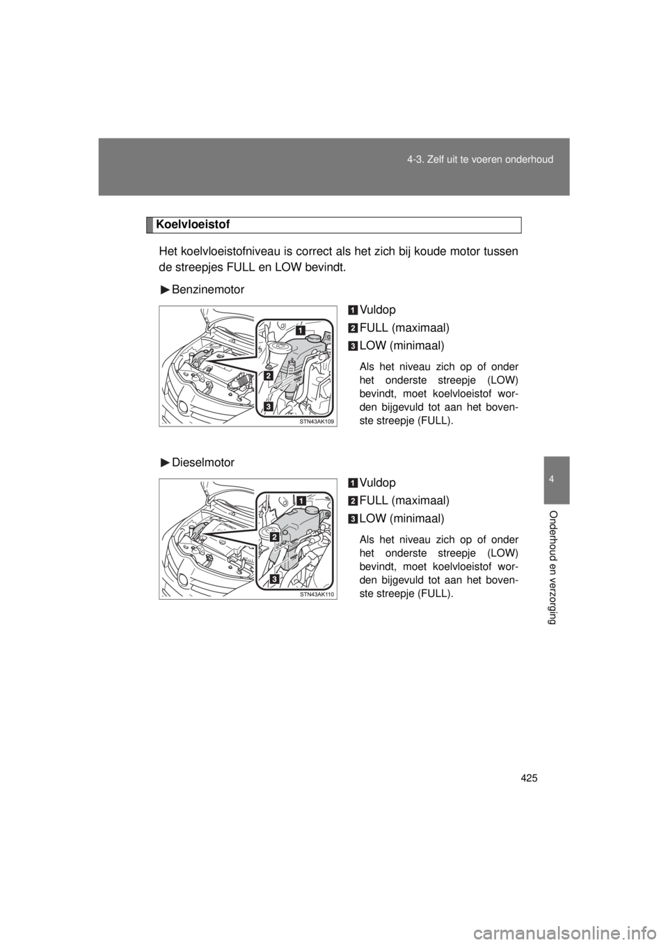 TOYOTA VERSO 2015  Instructieboekje (in Dutch) 425
4-3. Zelf uit te voeren onderhoud
4
Onderhoud en verzorging
VERSO(BMW)_WE_OM64558E
Koelvloeistof
Het koelvloeistofniveau is correct  als het zich bij koude motor tussen
de streepjes FULL en LOW be