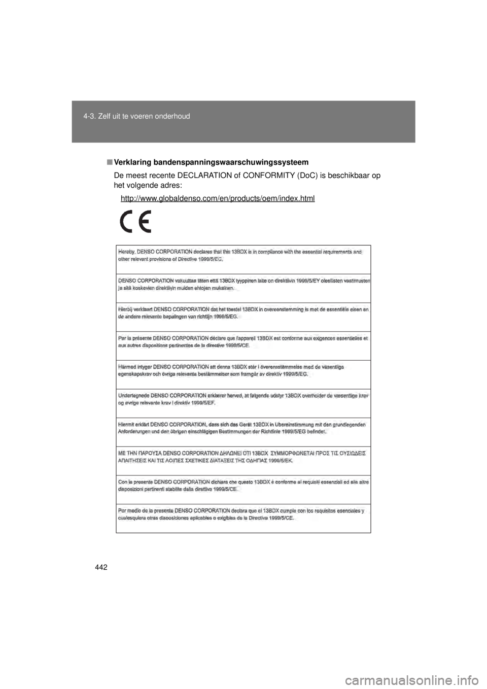 TOYOTA VERSO 2015 Instructieboekje (in Dutch) 442
4-3. Zelf uit te voeren onderhoud
VERSO(BMW)_WE_OM64558E
■
Verklaring bandenspanningswaarschuwingssysteem
De meest recente DECLARATION of CONFORMITY (DoC) is beschikbaar op
het volgende adres:
h TOYOTA VERSO 2015 Instructieboekje (in Dutch) 442
4-3. Zelf uit te voeren onderhoud
VERSO(BMW)_WE_OM64558E
■
Verklaring bandenspanningswaarschuwingssysteem
De meest recente DECLARATION of CONFORMITY (DoC) is beschikbaar op
het volgende adres:
h